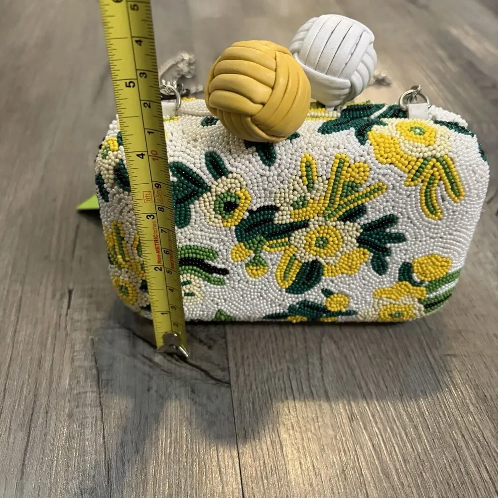 Sam Edelman Annabelle beaded Hard Case Clutch Purse Small Green White Yellow - Picture 5 of 7